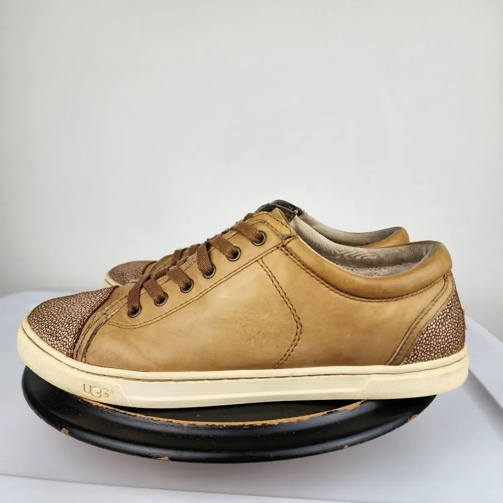 UGG Australia Taya Tan Leather Sneakers Silver Metallic Detail Women's 9.5 - Picture 3 of 10